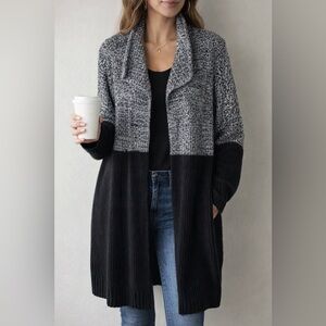 FarWest Lambswool Blend Black/Grey Open Front Long Sweater Size Large -Cabincore